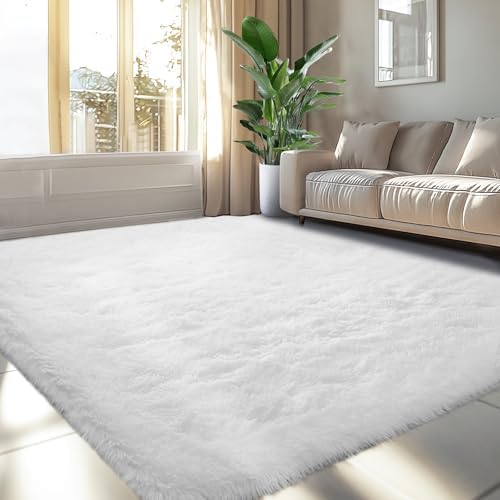 White Fluffy Bedroom Area Rug: 5x7 Soft Fluffy Carpet by TOPMAXCS