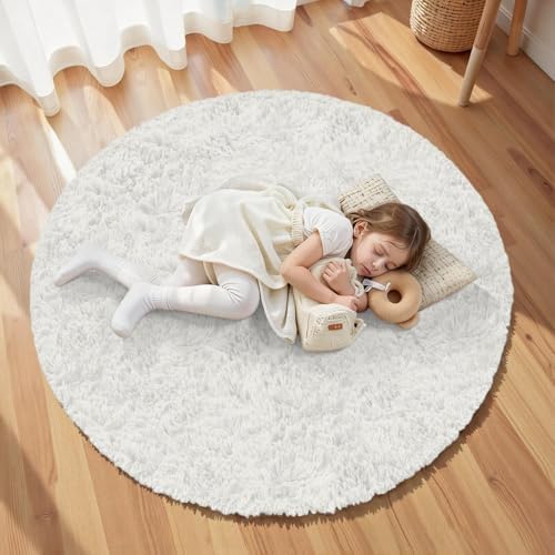 White Round Fluffy Rug 6ft Plush Fuzzy Shaggy Carpet - Image 5