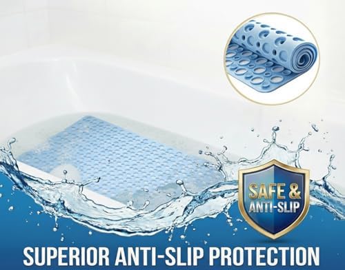 Bath Tub Shower Mat, Extra Soft Long Bath Mat Non-Slip with Suction Cups, TPE Bath Mat for Kids, Machine Washable Bathroom Mat (Blue, 35 x 16 Inch) - Image 3