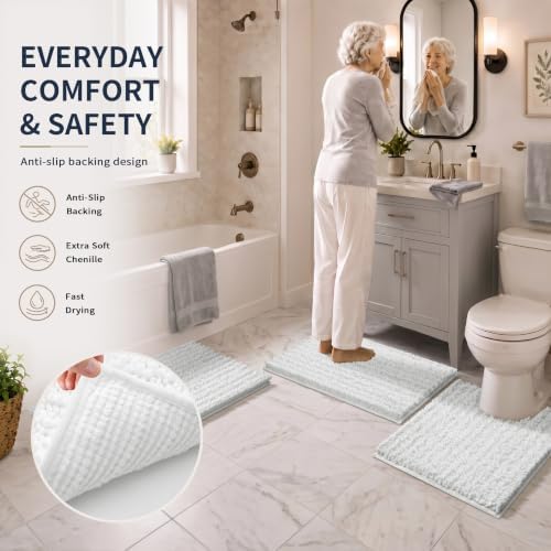 Yimobra Bathroom Rug Set 3 Piece, Super Water Absorbent Bath Mat Set, White - Image 5