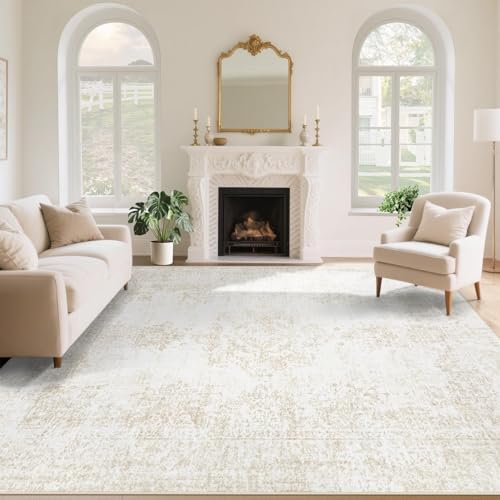 Vintage Living Room Area Rug - 8x10 Large Machine Washable Boho Moroccan Rug Distressed Farmhouse Rugs for Bedroom - Soft Non-Slip Indoor Carpet for Dining Room Office Nursery(Ivory, 8'x10') by AOYAOMI