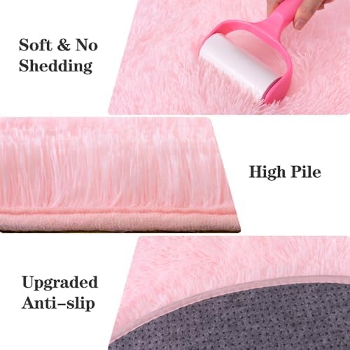 5Ft Fluffy Pink Round Rug for Girls Bedroom Kids Room, Washable Non-Slip - Image 5