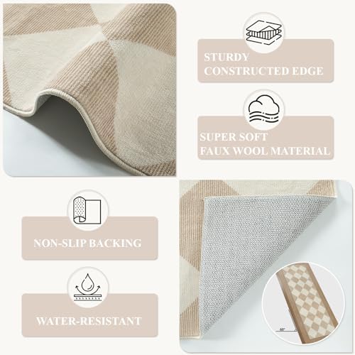 Beeiva Checkered Print Long Hallway Runner Rug Non Slip, Beige Ultra Thin 2.5x10 Washable Runner Rug, Moroccan Trellis Home Decor Faux Wool Neutral Carpet for Bathroom Kitchen Hallways, 10ft - Image 6