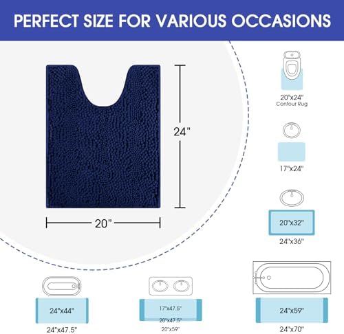 ACCUMTEK Striped Navy Blue Toilet Bathroom Rug Mat 24" x 20" Contour Rug Ultra Soft, Non Slip Chenille Bath Rugs, Absorbent Plush Shaggy Bath Mats for Bathroom, Bedroom, Kitchen, Shower, Tub - Image 2