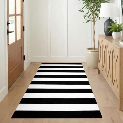 KILOCOCO Black White Striped Rug 3'X5' Front Door Mat Indoor Washable Rugs - Image 2