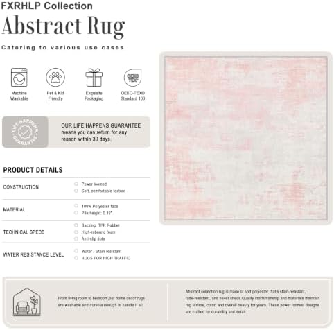 Area Rug Living Room: 4x4 Modern Washable Soft Carpet Pink White - Image 2