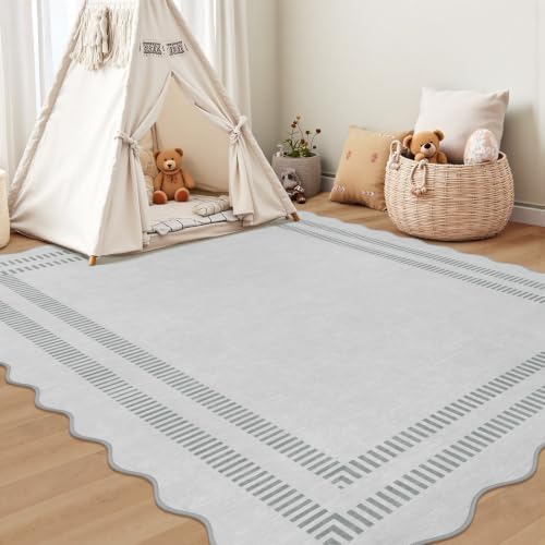 Washable Rug 5x7 Area Rugs for Living Room, Solid Grey Rug Non Slip Scalloped Carpet with Rubber Back, Soft Low Pile Rugs for Nursery Bedroom Dorm - Image 3