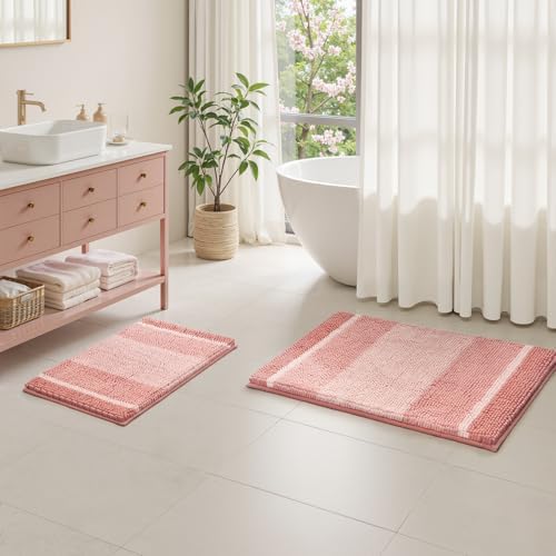HOMEIDEAS Pink Bathroom Rugs Sets 2 Piece Chenille, 20"x32"+17"x24" - Image 4