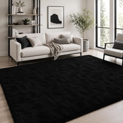 Balck Fluffy Area Rug 5x8 Ft, Soft Washable for Living Room by OHWPEAT