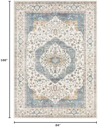Vintage 7x9 Rugs for Living Room Washable Area Rug Blue/Beige - Image 2