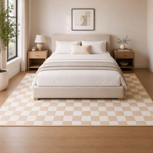 4x6 Checkered Area Rug for Living Room, Soft Low Pile Warm Taupe rugs - Image 2