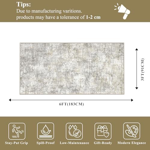 Kitchen Runner Rug 3x6 Washable - Non Slip Rugs for Entryway Hallway Soft Stain Resistant Bedroom Carpet Indoor Ultra Thin Modern Abstract Home Decor Floor Mat for Laundry Bathroom 3x6 Gray Gold - Image 2