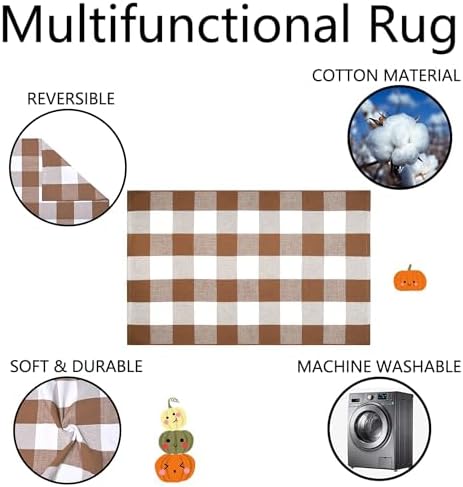Homydecor Buffalo Plaid Outdoor Rugs, 24'' x 51'' Coffe and White Checkered Area Rug, Layering Rug for Hello/Welcome Door Mat, Washable Cotton Woven Farmhouse Mat for Front Porch Décor - Image 3