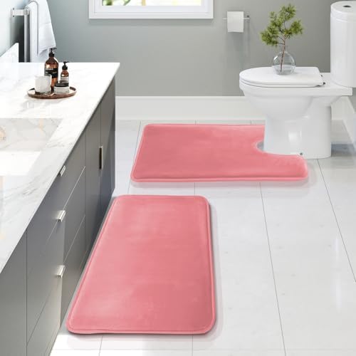 Clara Clark 2 Piece Bathroom Rugs, Velvet Memory Foam Bath Mat Set, Non-Slip Bath Rugs, Machine Wash, Dries Quickly, Ultra Soft Plush Bath Mats for Bathroom, 20 x 32 + Contour, Coral Pink by ClaraClark