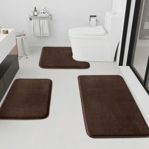 HUXMEYSON Bathroom Rugs Sets 3 Piece, Non-Slip & Quick Dry Bath Mat Set, Ultra Soft Velvet Bath Rugs for Bathroom, Toilet and Shower Floor, Brown by HUXMEYSON