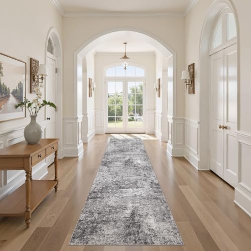 DMOYEST Washable Runner Rug for Hallway: 2.6x10 Neutral Modern Abstract Low Pile Area Rug with Non-Slip Backing - Carpet for Bedroom Kitchen Laundry Entryway Bathroom Indoor - Grey by DMOYEST