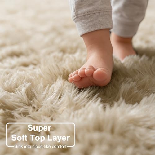 Amdrebio Beige Boho Round Circle Fluffy Area Rug 4Ft for Bedroom Nursery - Image 2