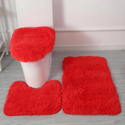 Red Bathroom Rugs Sets 3Piece Bath Mat Solid Bath Rug Floor Mats Washable Shower Rug with U-Shaped Contour Rug Toilet Lid Cover by Eanpet