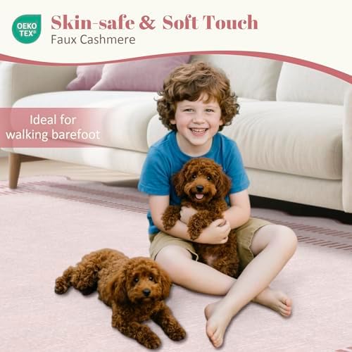 Pink Rugs for Living Room 9x12, Machine Washable Scalloped Area Rugs for Bedroom Girls, Non Slip Ultra-Thin Low-Pile Carpet for Playroom Nursery Kids Room - Image 6