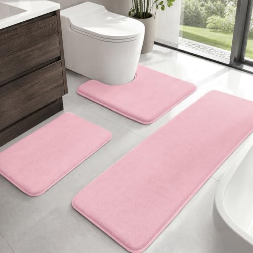 HUXMEYSON Bathroom Rugs Sets 3 Piece, Non-Slip & Quick Dry Bath Mat Set, Ultra Soft Velvet Bath Rugs for Bathroom, Toilet and Shower Floor, Rose Pink by HUXMEYSON