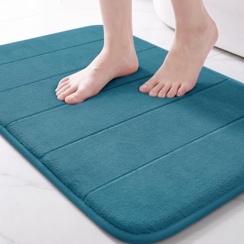 Yimobra Memory Foam Bath Mat, Super Soft Absorbent Bathroom Rug Non Slip, Quick Dry, Machine Washable Floor Carpet for Tub Shower, Home Decor Accessories, 24x17, Peacock Blue by Yimobra
