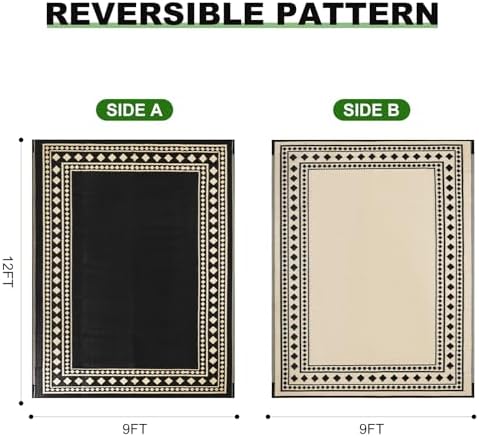 RURALITY Outdoor Rug 9x12 Waterproof for Patio Clearance,Large Plastic Straw Mat for Camping,Porch,RV,Black and Beige - Image 2
