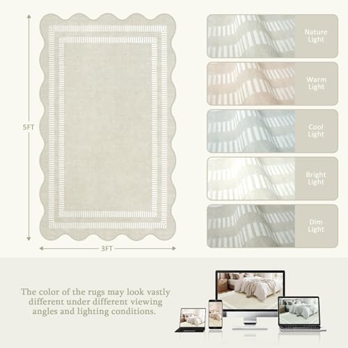 Washable 3x5 Indoor Entryway Rug, Neutral Beige Soft Non Slip Rugs Stain Resistant Scalloped Carpet for Bedroom Kitchen Nursery Home Office - Image 2