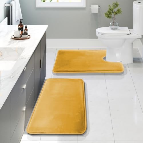 Clara Clark 2 Piece Bathroom Rugs, Velvet Memory Foam Bath Mat Set, Non-Slip Bath Rugs, Machine Wash, Dries Quickly, Ultra Soft Plush Bath Mats for Bathroom, 20 x 32 + Contour, Camel Gold by ClaraClark