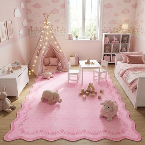 GarveeHome 4x6 Scalloped Washable Area Rug Pink Nursery Kids Bedroom Rug - Image 3
