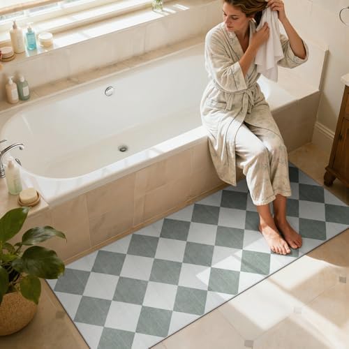 Beeiva Checkered Print Bathroom Runner Rug 2x6, Washable Non Slip Runner Rug for Hallway Ultra Thin Soft 2x6 Capet for Bedroom Decor, Modern Diamond Alfombra for Kitchen Laundry Entryway (Green/White) - Image 6