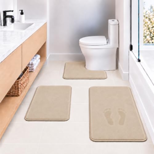 Beige Bath Mat Sets Extra Soft Memory Foam Bathroom Rugs 3 Piece Non Slip Absorbent & Dry Living Mat Sets Washable Bath Carpets with Toilet Rug,Bath Rugs for Bathroom,Tub,Shower,Kitchen,Bedroom by RUNHELIX
