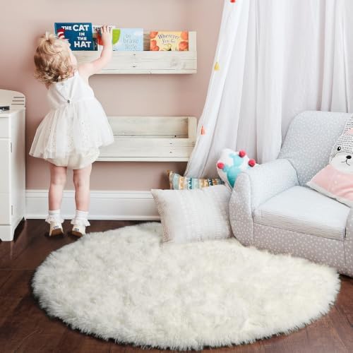 Amdrebio Cream Ivory White Small Round Fluffy Rug 3Ft for Bedroom Kids Room - Image 3