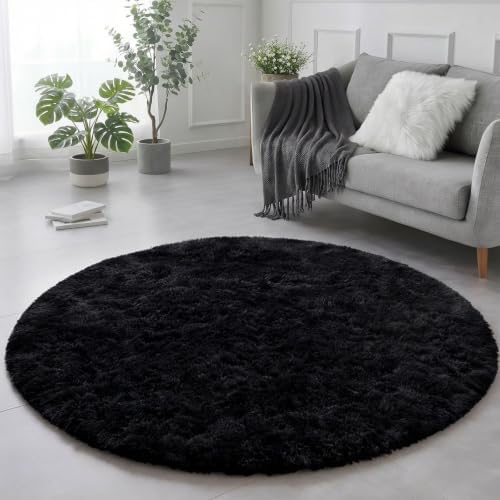 Amdrebio Black Shag Round Circle Rug 5Ft for Men Boys Bedroom Living Room by Amdrebio