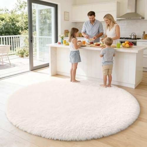 OLANLY Ivory Round Rugs for Bedroom - Machine Washable, 6 ft Circle Area Rugs for Living Room, Soft and Fluffy Shaggy Carpet for Teen Girls and Boys, Nursery Rooms, Dorms, Home Decor Aesthetic - Image 6