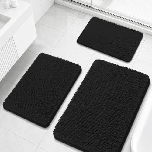 OLANLY Chenille Bathroom Rugs Sets 3 Piece, 36"x24"+30"x20"+24"x16", Black by OLANLY