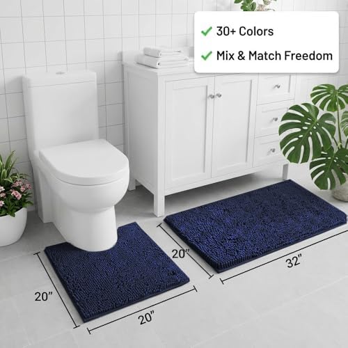 Bathroom Rugs Sets 2 Piece,Super Absorbent Chenille Bath Mats and U-Shaped Toilet Rug,Strong PVC Non Slip Backing,Microfiber Washable Dry Quickly Bath Mats for Bathroom(20"x32"+20"x20"U,Navy Blue) - Image 2