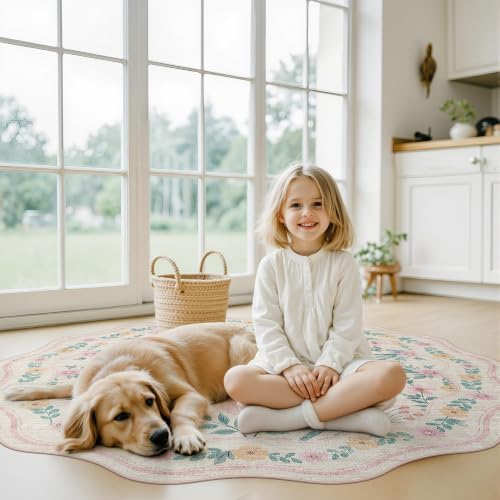 Round Rug 5ft, Scalloped Pink Floral Washable Nursery Rug - Image 2