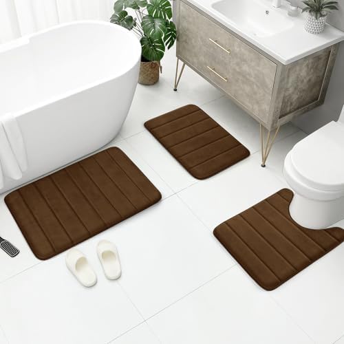 BYSURE Brown Memory Foam Bathroom Rug Set 3 Piece, Non Slip Extra Soft Absorbent Bath Mats, Machine Washable & Dry Toilet Mat Sets for Bathroom Floor - Image 6
