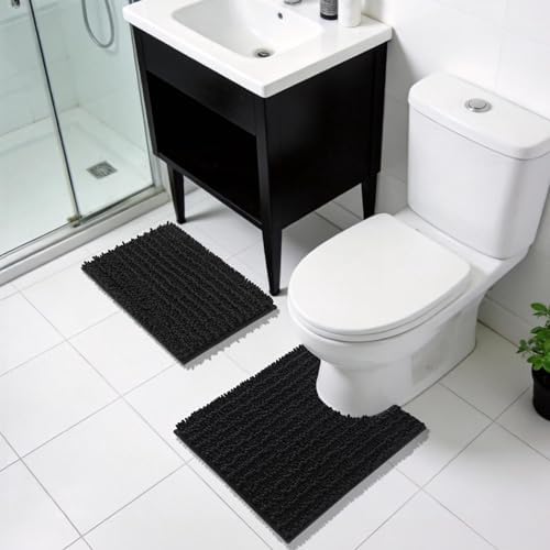 Yimobra Bathroom Rugs Non Slip Washable - Ultra Soft Absorbent Chenille Bath Mat, Quick Dry Shaggy Floor Carpet for Tub Shower, Black Home Decor Accessories, 24x17 Inch - Image 2