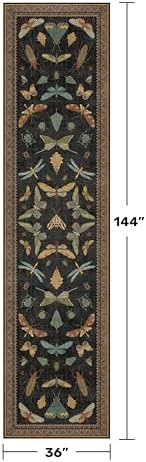Green and Black 3x12 Long Runner Rugs for Hallway - Boho Door Rugs for Entryway Indoor Washable, 12ft Nature Insect Stain Resistant Kitchen Carpet, Low Pile & Soft Indoor Décor - Image 2