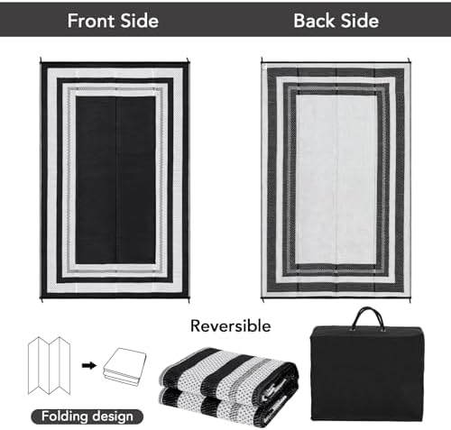 GAOMON Waterproof Plastic Straw Rug 9x12 Outdoor Rug for Patios Modern Bordered Lightweight Carpet Reversible Mat for Backyard Pool Deck Picnic Patio Porch RV Beach Trailer Camping Border-Black/White - Image 3