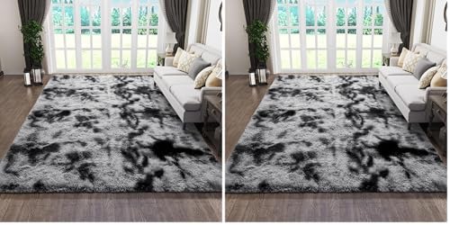 Ophanie Tie-Dyed Black&Grey Area Rugs for Bedroom Living Room, Fluffy Shag Fuzzy Carpet, Plush Shaggy Rug, 4x6 Indoor Carpet for Kids Boys Dorm Home Decor Aesthetic, Nursery (Pack of 2) by Ophanie