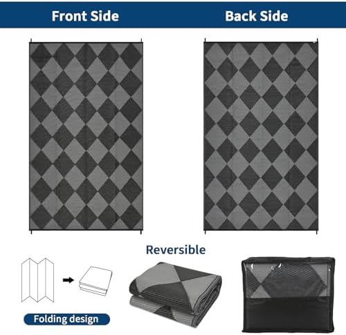 GAOMON 9x18 Plastic Straw Rug Outdoor Rugs for Patio Waterproof Reversible Mat Modern Bordered Camping Rug for Porch RV Backyard Pool Deck Picnic Beach Trailer Trellis-Black/Grey - Image 6