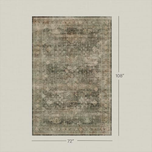 Farmhouse 6x9 Moss Green Area Rug for Dining Room, Living Room & Bedroom, Dark Academia Vintage Distressed Geometric Design, Machine Washable, Low Pile, Non Slip, Ultra Soft, Stain Resistant - Image 2