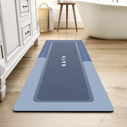 MontVoo-Bath Mat Rug Long Non Slip Super Absorbent Bathroom Runner Stain Resistant Quick Dry Thin Bathroom Mat Fit Under Door-17"x59",Navy by MontVoo