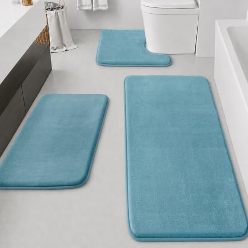 HUXMEYSON Bathroom Rugs Sets 3 Piece, Non-Slip & Quick Dry Bath Mat Set, Ultra Soft Velvet Bath Rugs for Bathroom, Toilet and Shower Floor, Lake Blue by HUXMEYSON