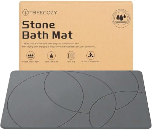 Stone Bath Mat, 16 x 24 Inch, Gray, Curved Line Design by AIOMBVY
