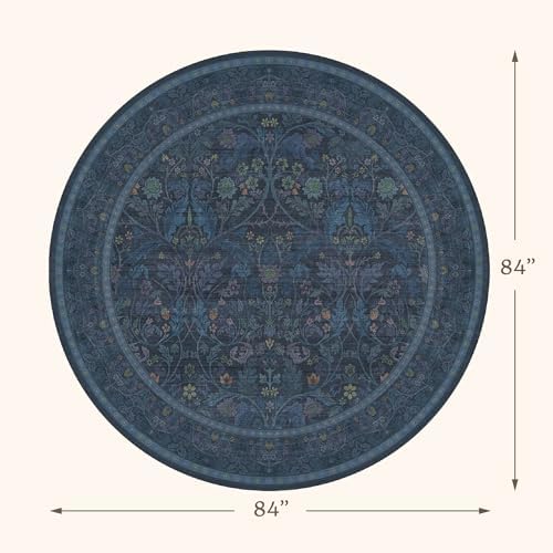7ft Round Rug for Living Room, Dark Blue Oriental Floral Circle Area Rug, Washable Non-Shedding Low-Pile Carpet for Under Bed, Home Office, Moody Farmhouse Decor, Stain Resistant - Image 2