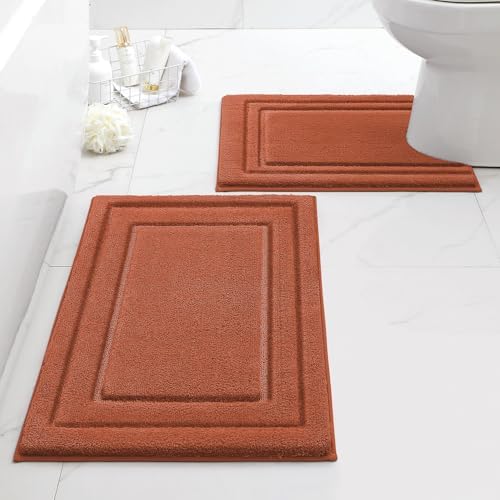 HOMEIDEAS Bathroom Rugs Sets 2 Piece, Super Soft and Absorbent Non Slip Microfiber U-Shaped Toilet Bath Mat Set (20"x32"+U20 x24, Burnt Orange) by HOMEIDEAS