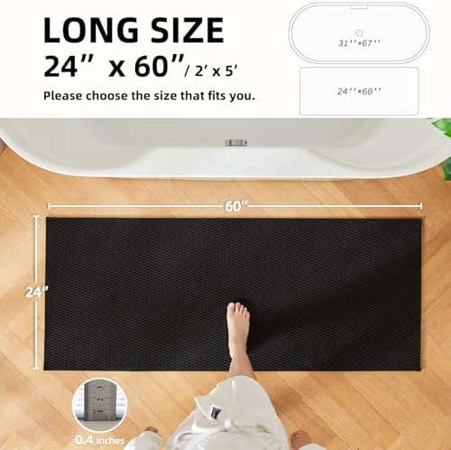 TYUU Black Bathroom Runner Rug, Long Bath Mat Washable Thin Quick Dry Low Pile Bathroom Runner Rugs 24 x 60 Non Slip, Black 24''x60'' - Image 2